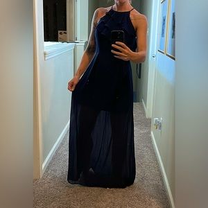 BCBGeneration Navy Blue Ruffle Maxi Dress Size 8 2 Zip Halter Sleeveless
